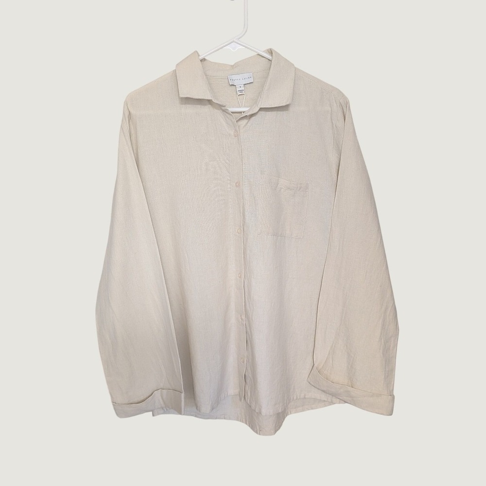 NWT Pretty Lavish Belle Boxy Cotton Linen Shirt Beige Button Down Small